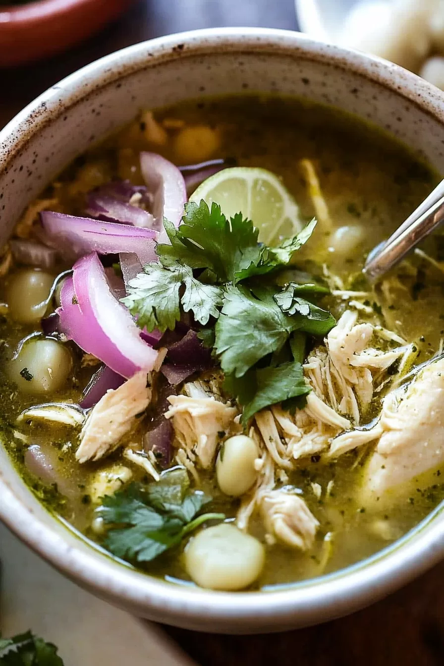 Hearty serving of chicken pozole verde, topped with lime wedges and sliced avocado.