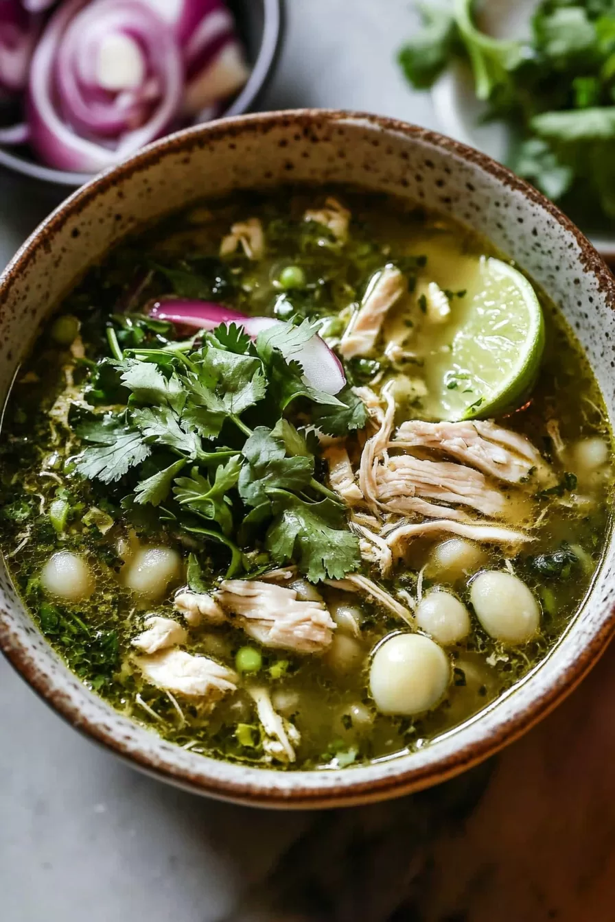 Rustic presentation of green pozole with hominy, served with tortilla chips on the side.