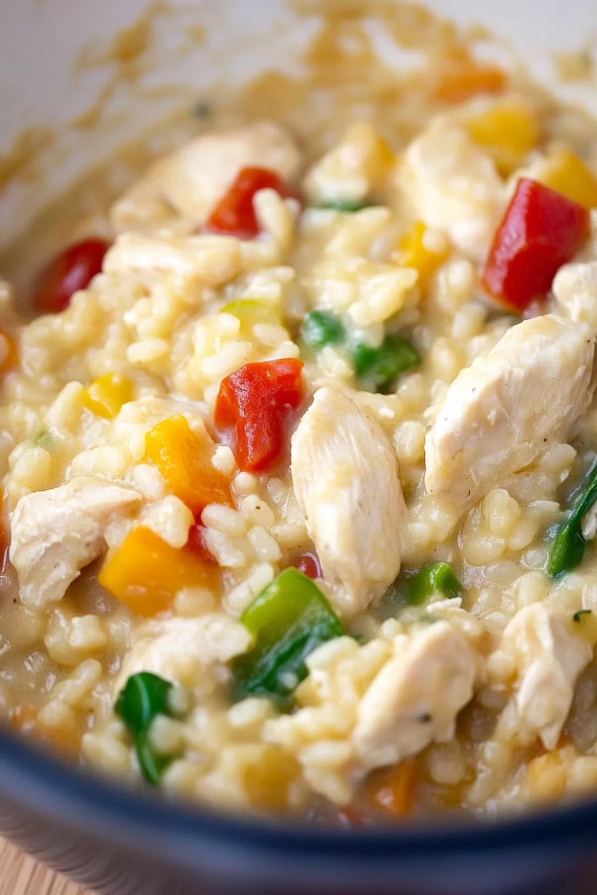 Close-up of a spoon lifting creamy risotto with fresh herbs and vegetables.