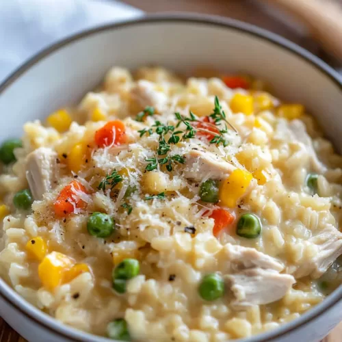 Creamy chicken risotto with pops of red and yellow bell peppers in a cozy setting.