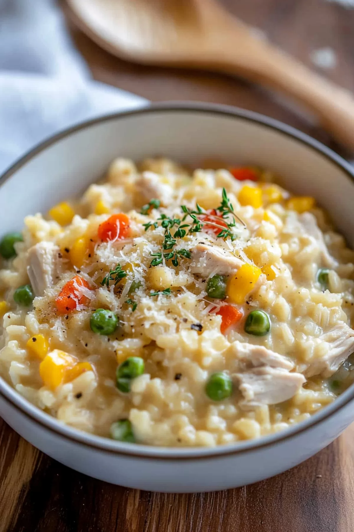 Creamy chicken risotto with pops of red and yellow bell peppers in a cozy setting.