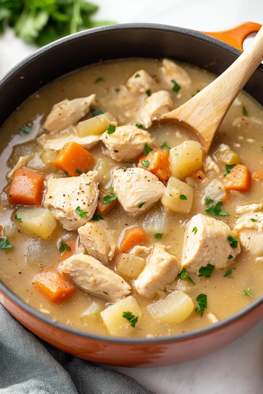 Bowl of homemade stew with tender vegetables and herbs.