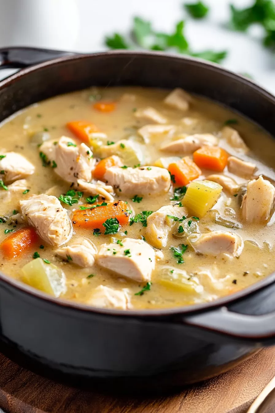 Close-up of seasoned chicken pieces with carrots and potatoes in a thick broth.