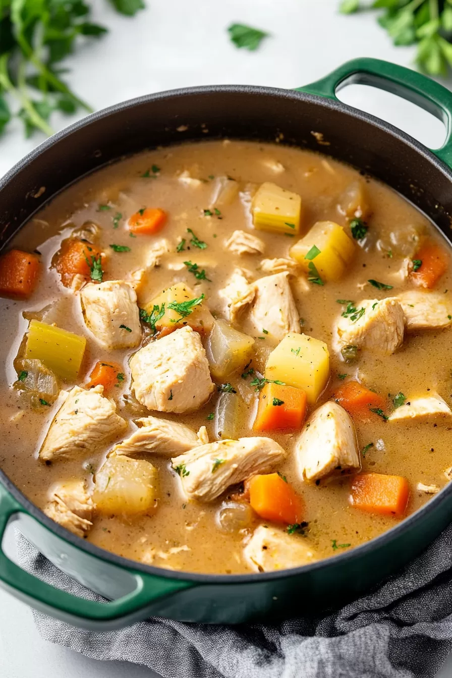 Ladle scooping rich stew filled with carrots, and potatoes.