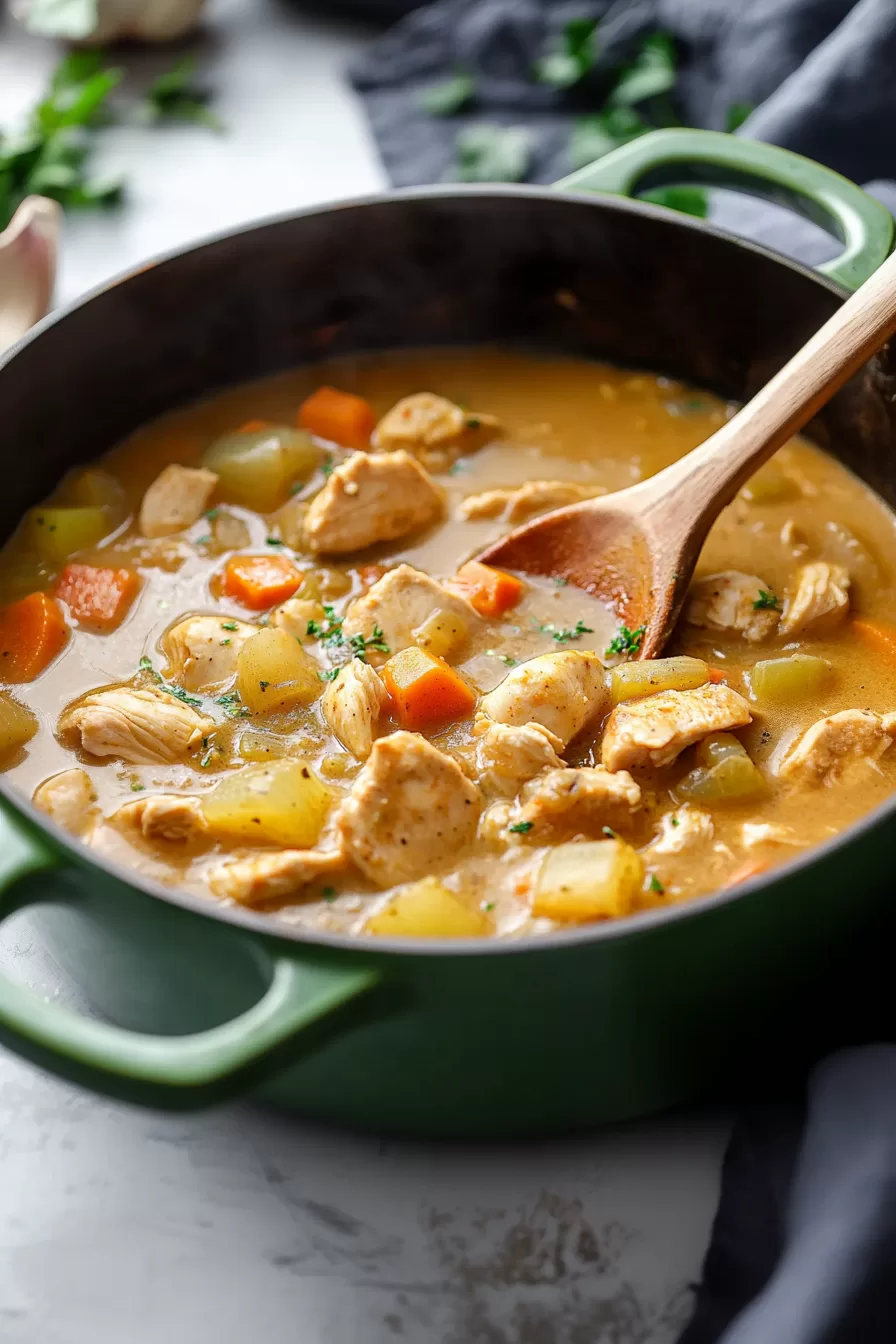 Top view of a hearty bowl of warm, comforting stew with chunky ingredients.