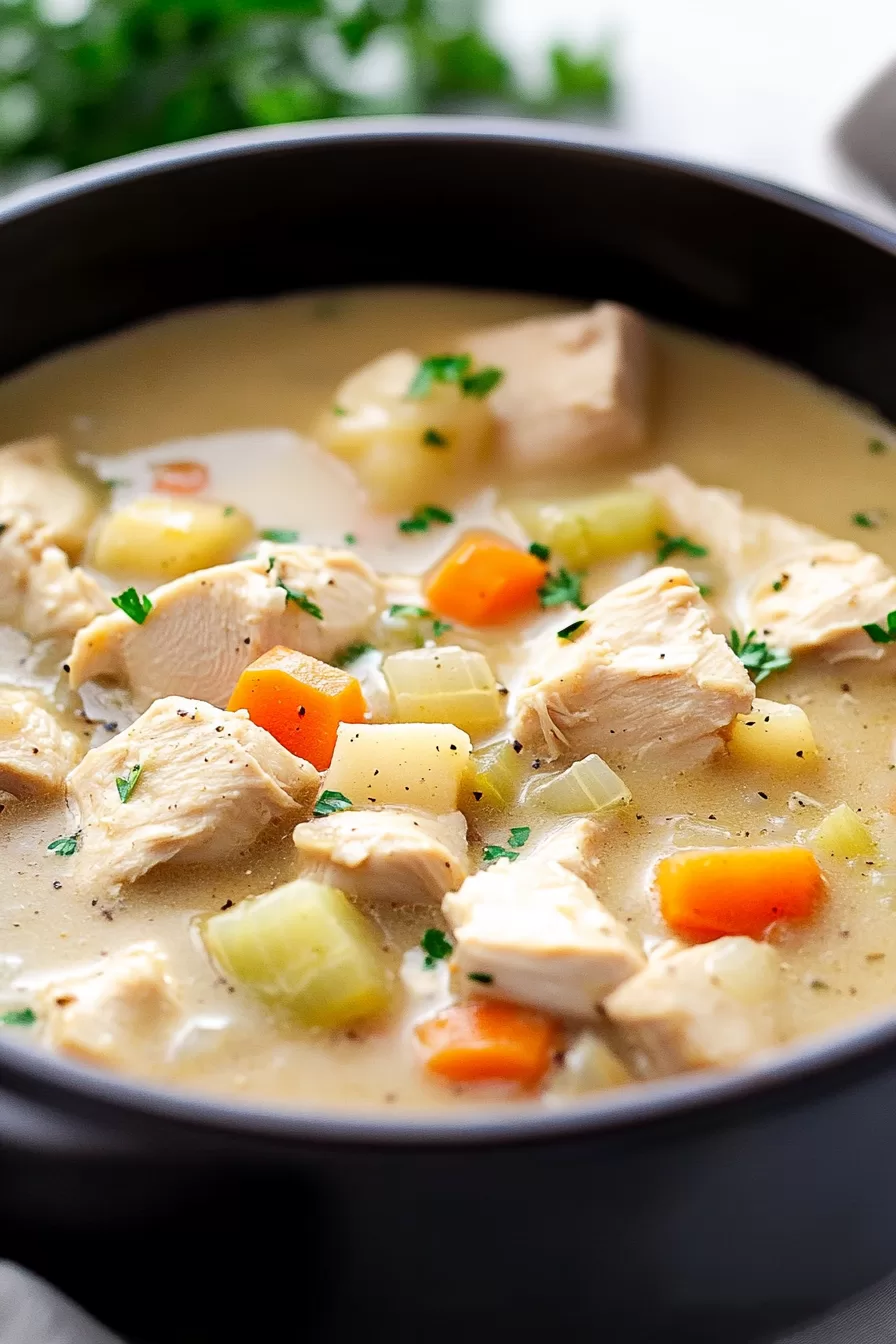 Rustic bowl of chicken stew with thick broth and colorful vegetable pieces.