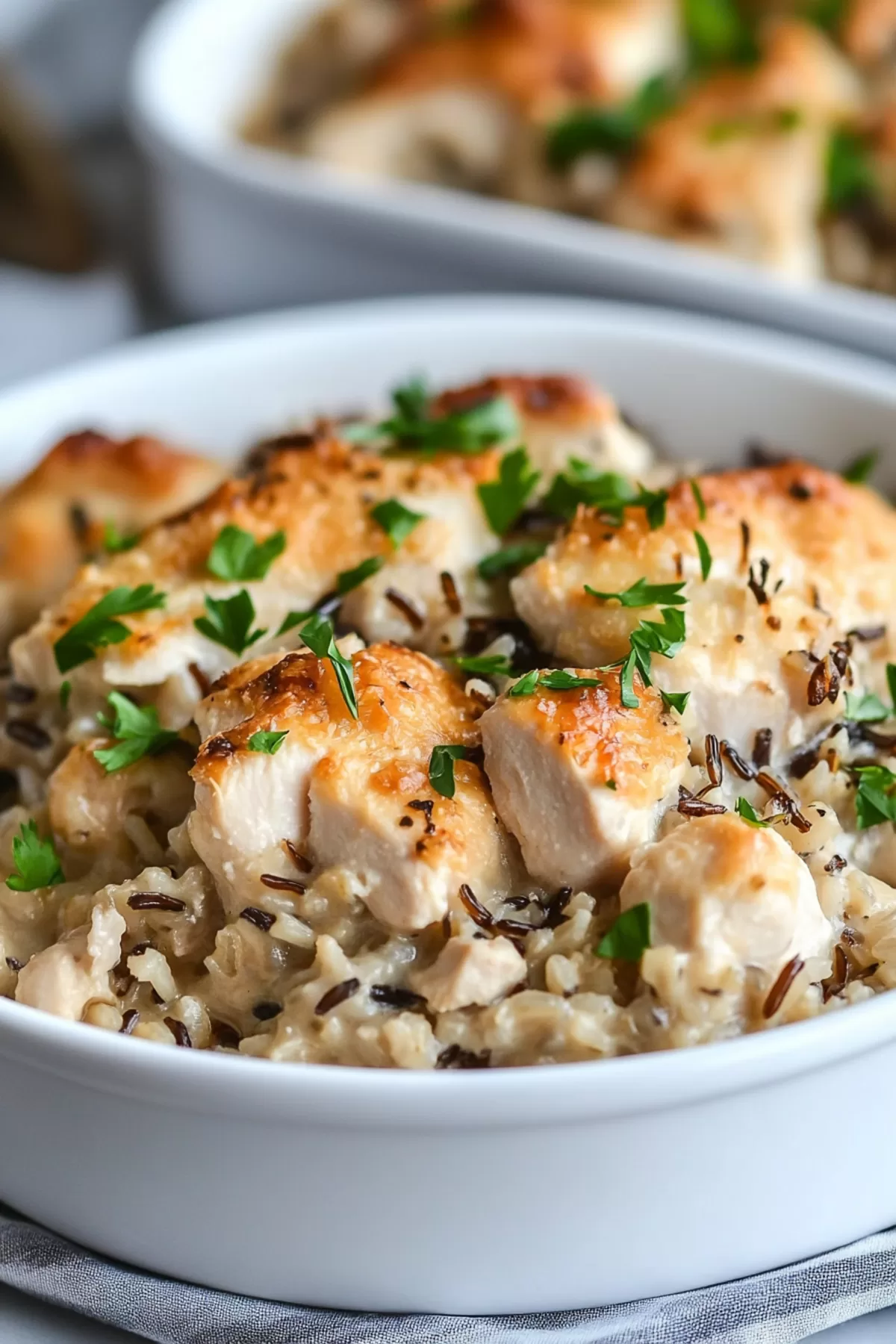 A steaming bowl of creamy soup filled with tender chicken, wild rice, and fresh herbs.