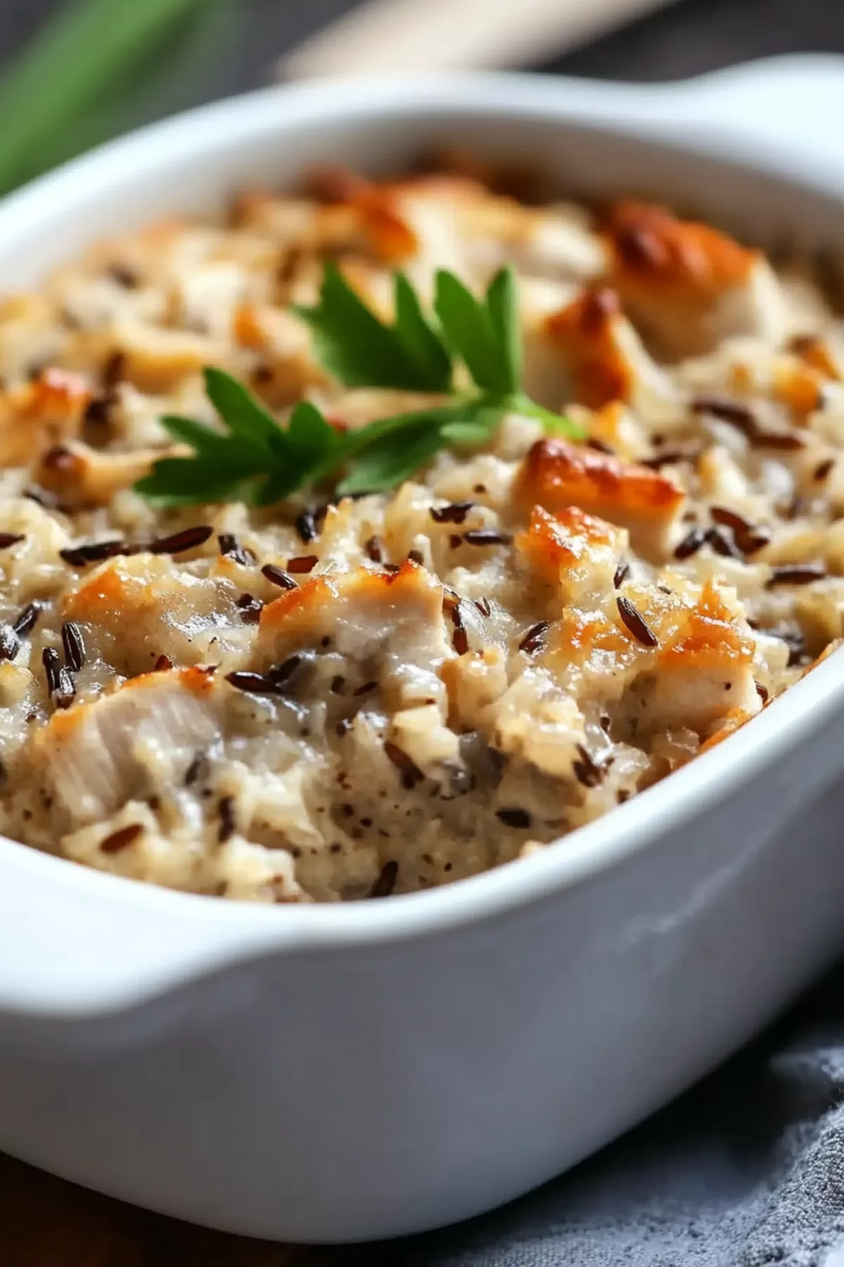 Creamy casserole with wild rice, tender chicken, and a crispy topping, baked to golden perfection.