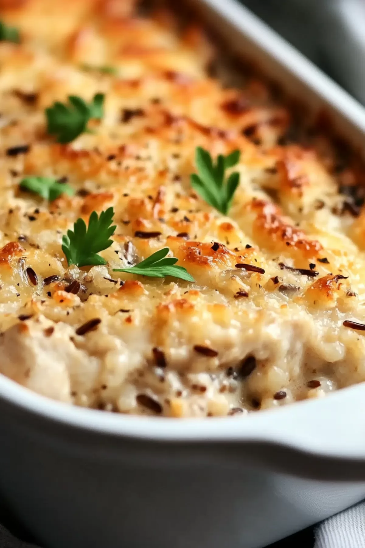 Close-up of a hearty baked dish featuring wild rice and shredded chicken in a creamy sauce.