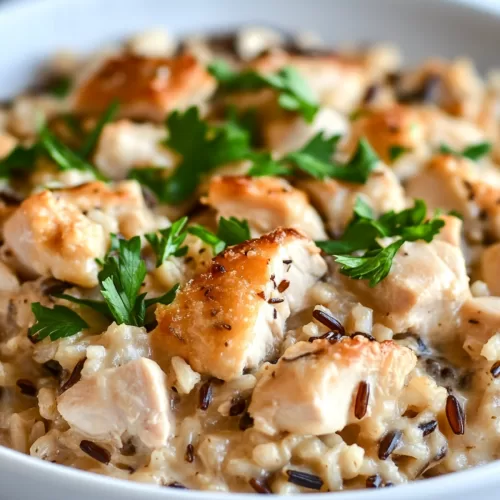 Baked casserole garnished with fresh herbs, highlighting layers of chicken, rice, and sauce.