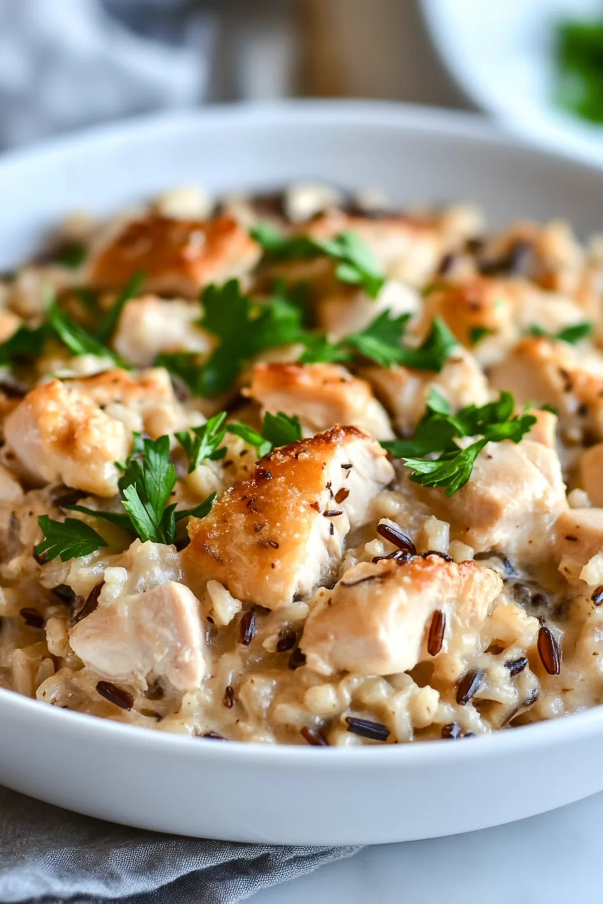 Baked casserole garnished with fresh herbs, highlighting layers of chicken, rice, and sauce.