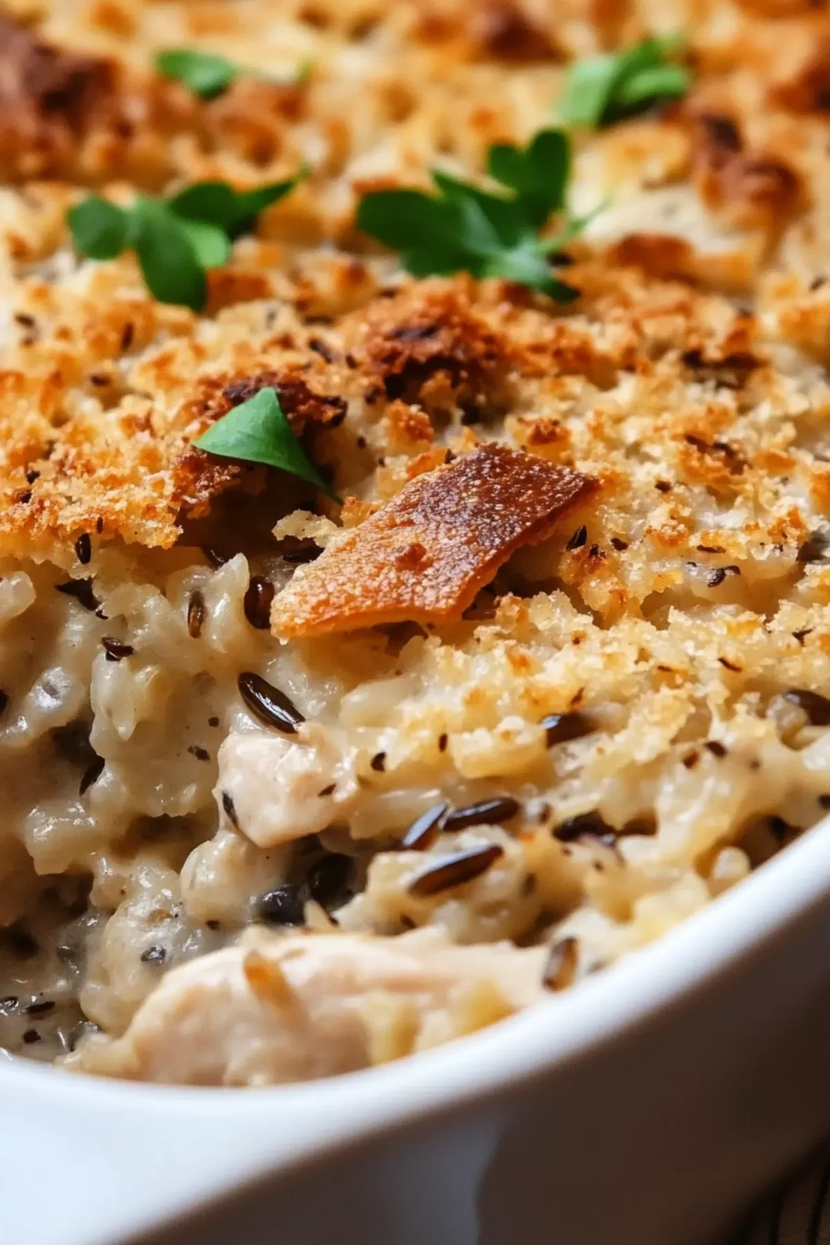 A rustic serving of soup showcasing the textures of rice, chicken, and vegetables.