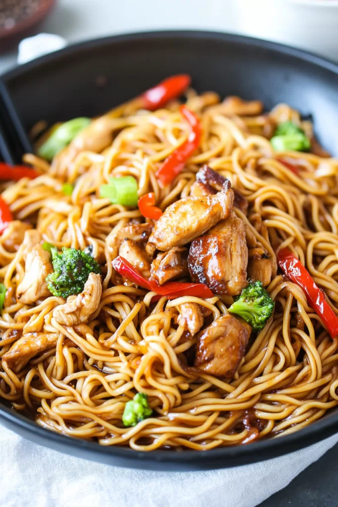 Close-up of savory broth coating noodles and garnished with scallions and sesame seeds.