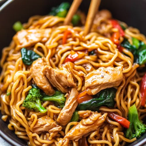 An inviting dish of noodles topped with sautéed chicken and a sprinkle of fresh herbs.