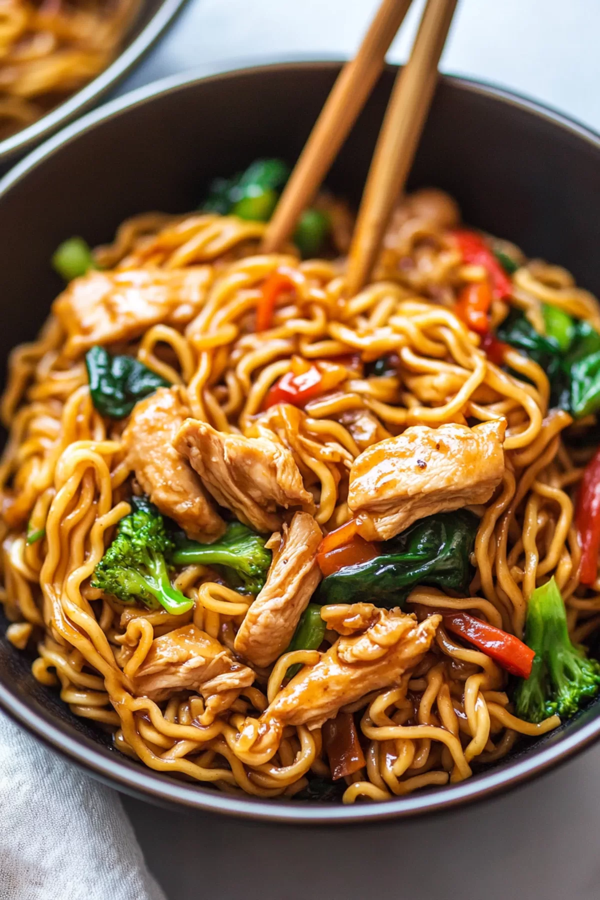 An inviting dish of noodles topped with sautéed chicken and a sprinkle of fresh herbs.