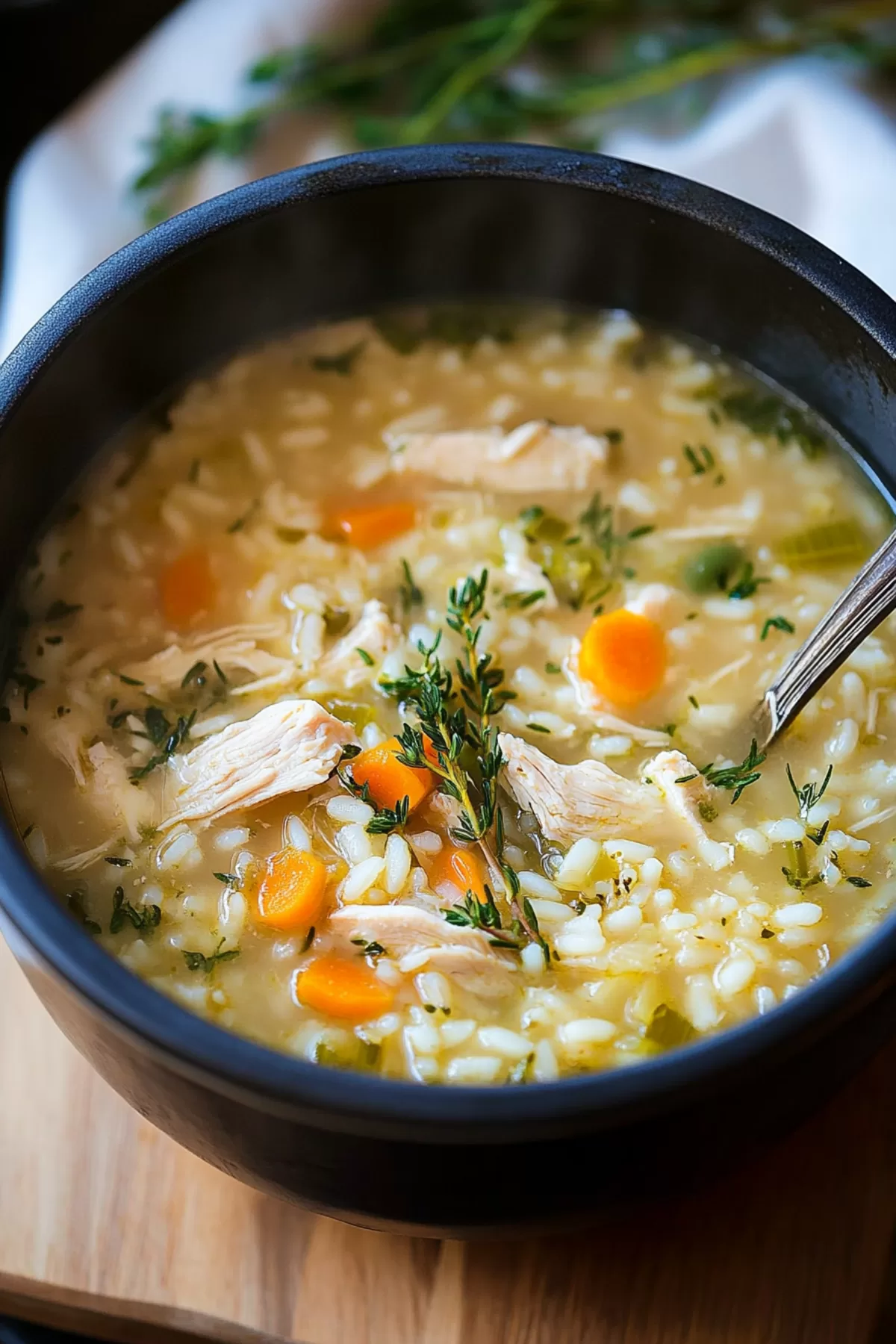 A comforting soup featuring tender chicken, creamy rice, and vibrant vegetables in a white ceramic bowl.