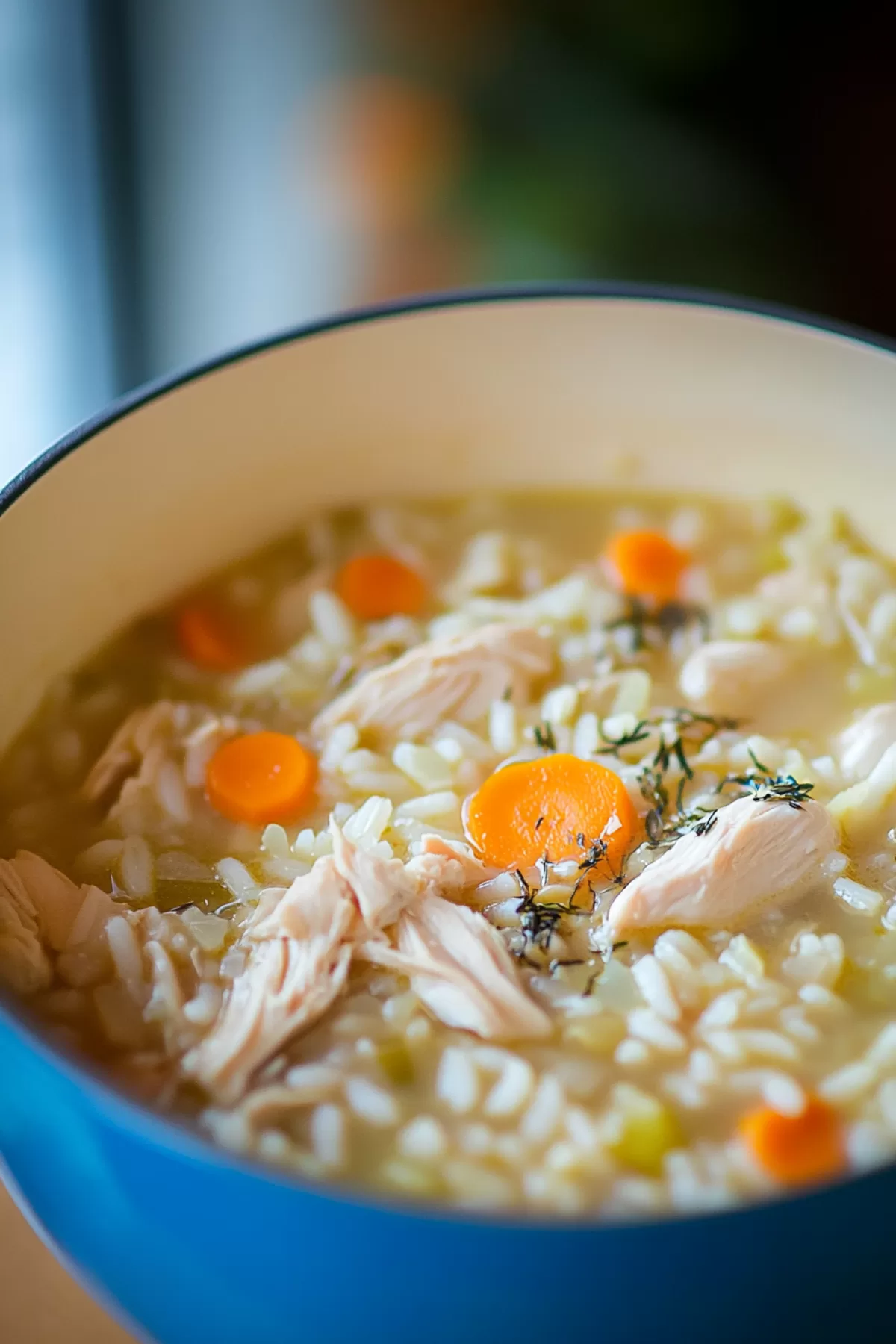 Close-up of a ladle scooping a portion of chicken and rice soup with fresh herbs and diced vegetables.