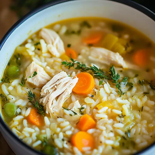 An inviting bowl of homemade soup, filled with chicken, rice, and vegetables, perfect for a cozy meal.