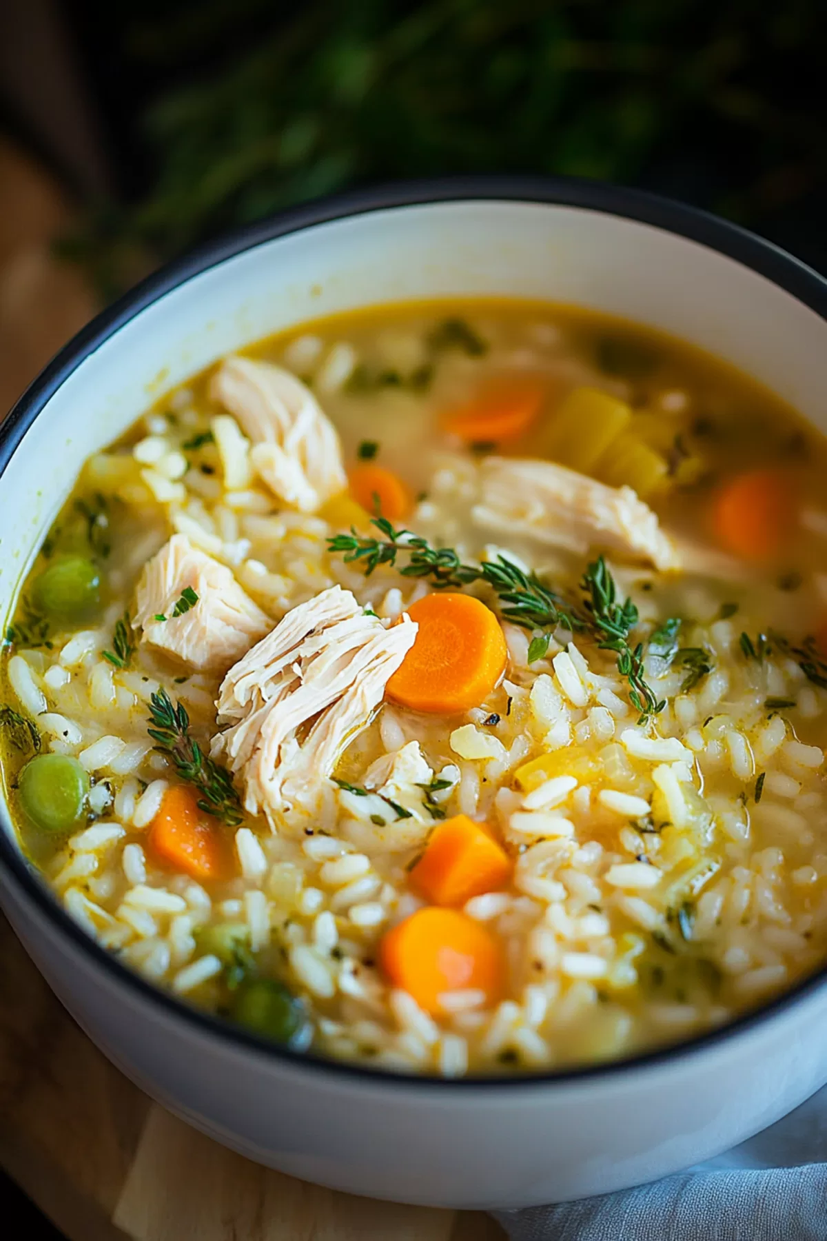 An inviting bowl of homemade soup, filled with chicken, rice, and vegetables, perfect for a cozy meal.