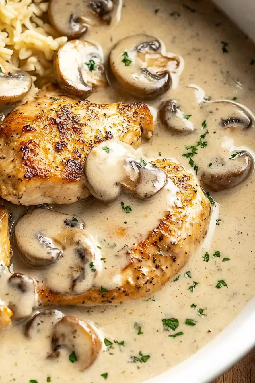 Tender chicken pieces served with a creamy garlic mushroom sauce.