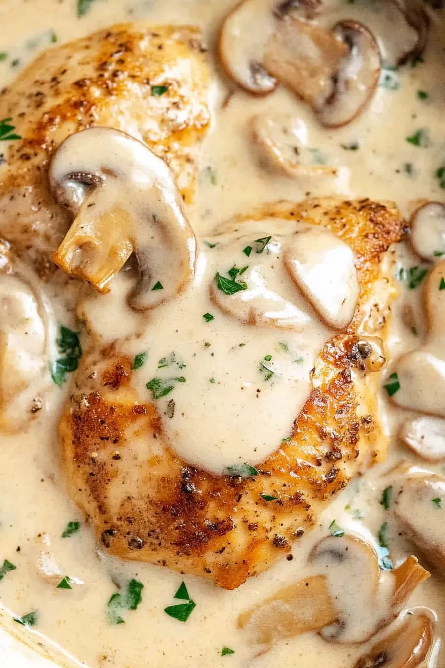 Golden-brown chicken nestled in a flavorful mushroom and garlic sauce.