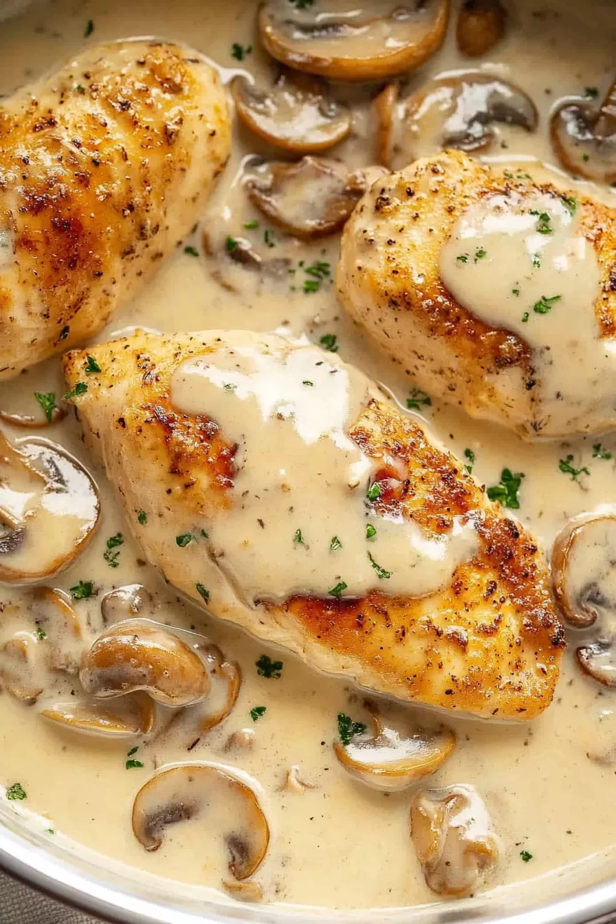 Hearty chicken dinner with a savory mushroom and garlic topping.