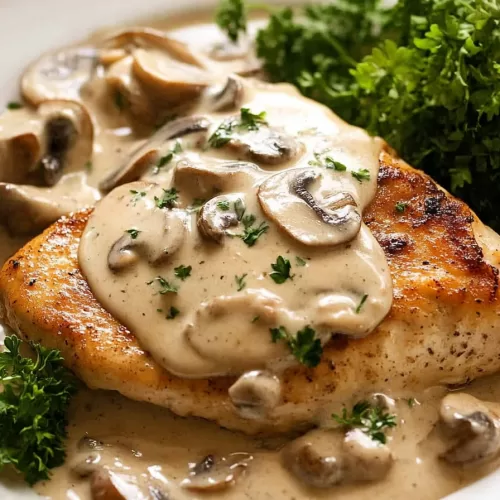 Plate of chicken with mushrooms in a smooth, creamy garlic sauce.