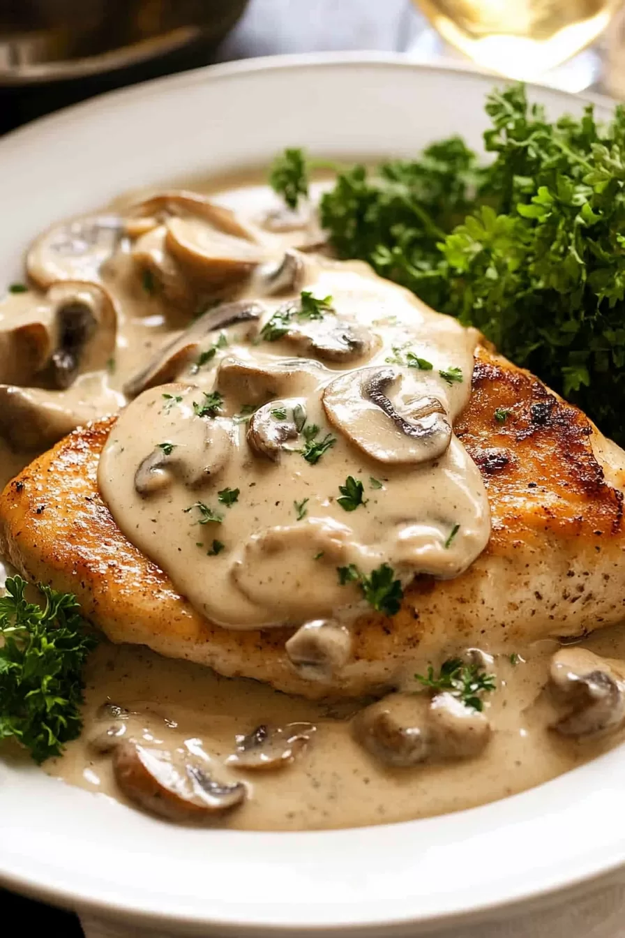 Plate of chicken with mushrooms in a smooth, creamy garlic sauce.