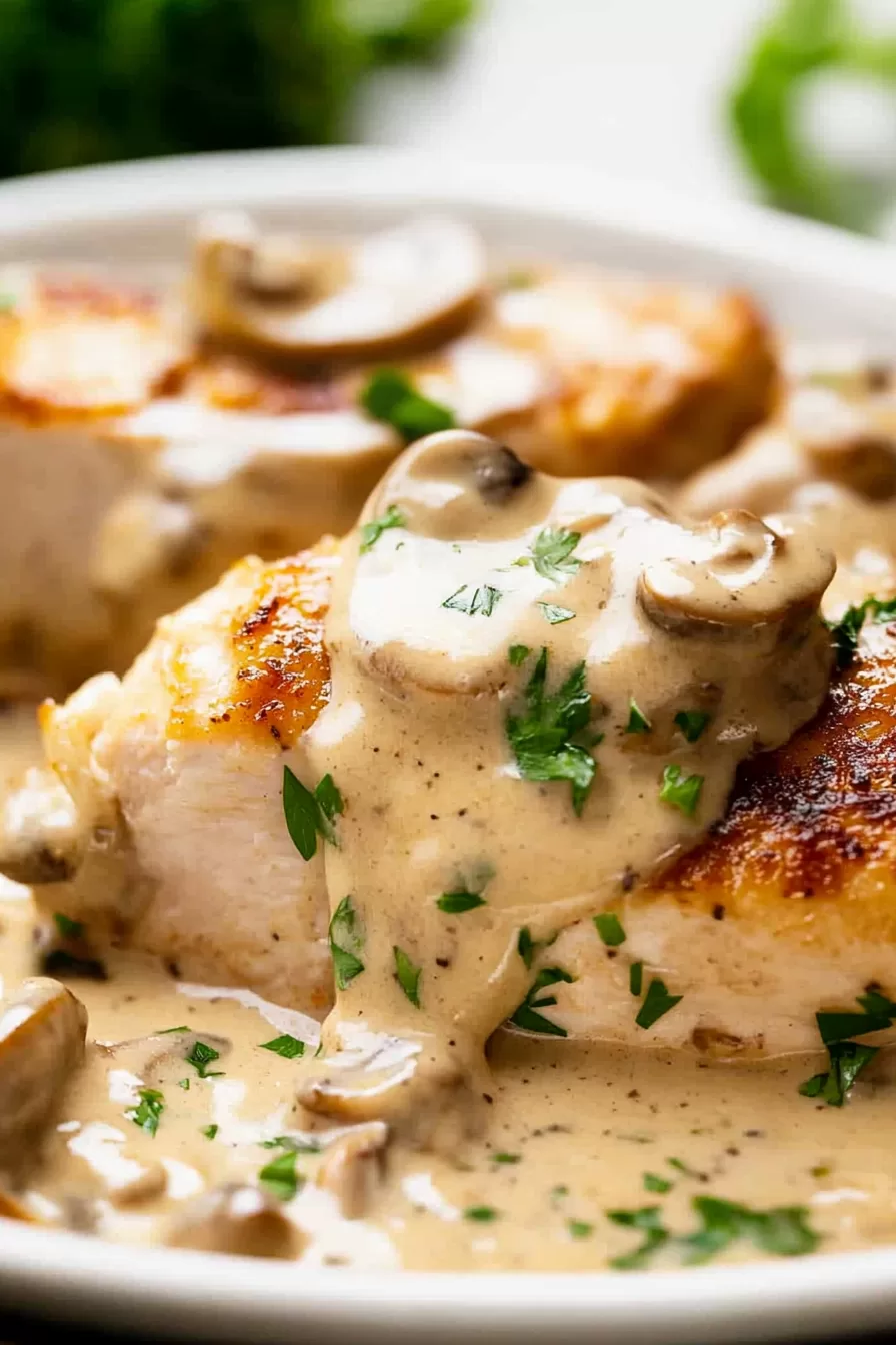 Close-up of juicy chicken topped with mushrooms and rich sauce.