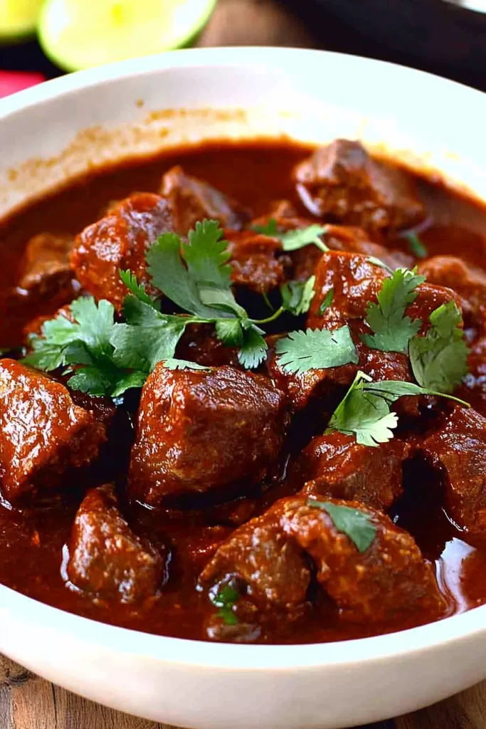 Close-up of thick, flavorful stew topped with chopped herbs for garnish.