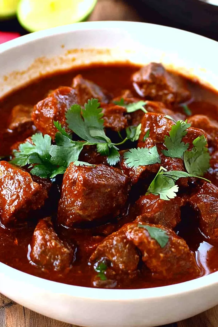 Close-up of thick, flavorful stew topped with chopped herbs for garnish.