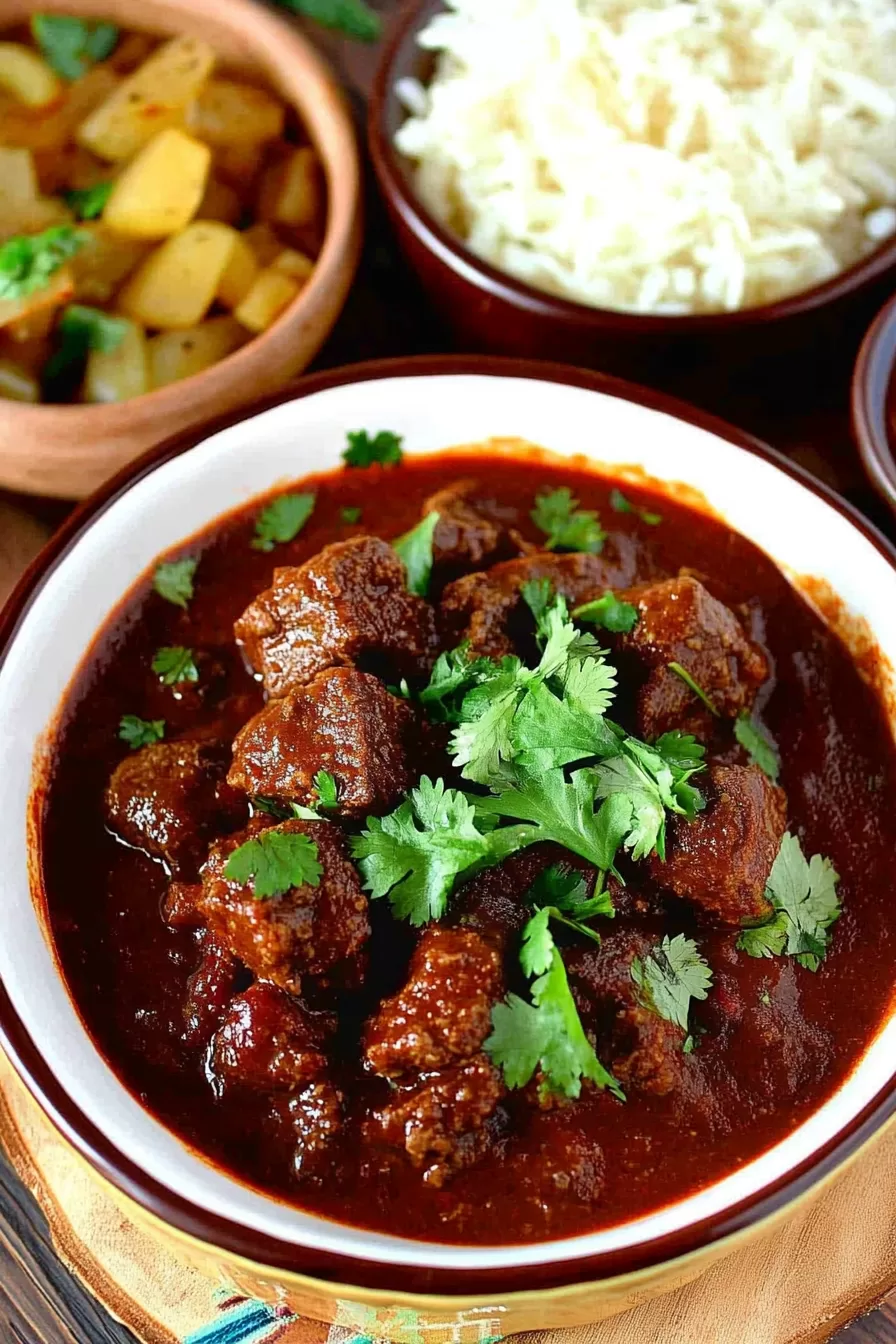 Tender chunks of beef in a vibrant red sauce, served with rice on the side.