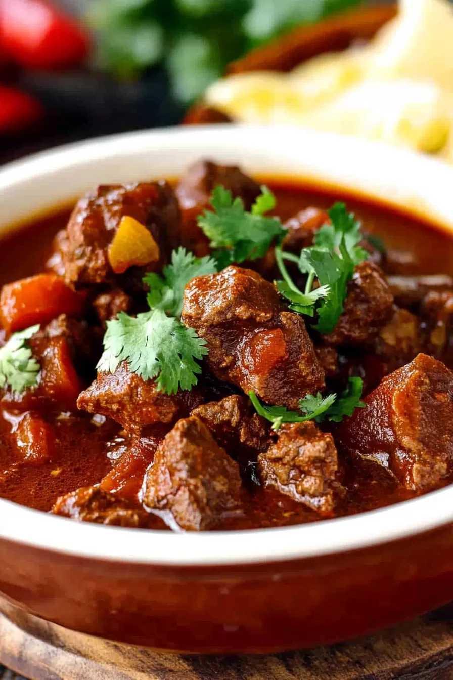 Bowl of hearty beef stew with rich, red sauce garnished with fresh cilantro.