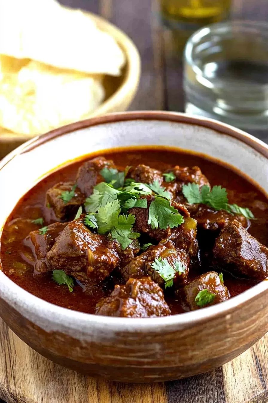 Slow-cooked beef in a spicy sauce, ready to be served with toppings.