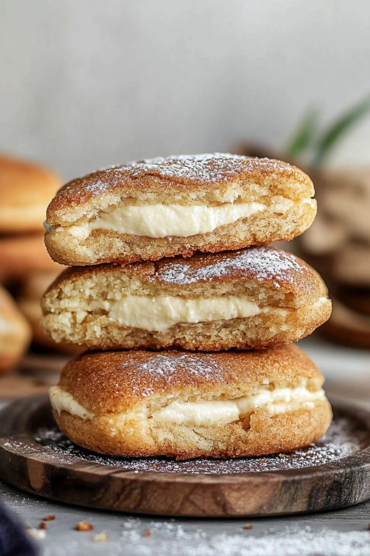 Stack of golden churro cookies dusted with cinnamon sugar, highlighting their soft and creamy filling.