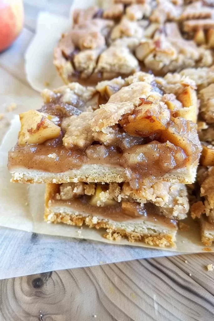 Layers of spiced apple filling and buttery crust in a slice of apple pie bar.