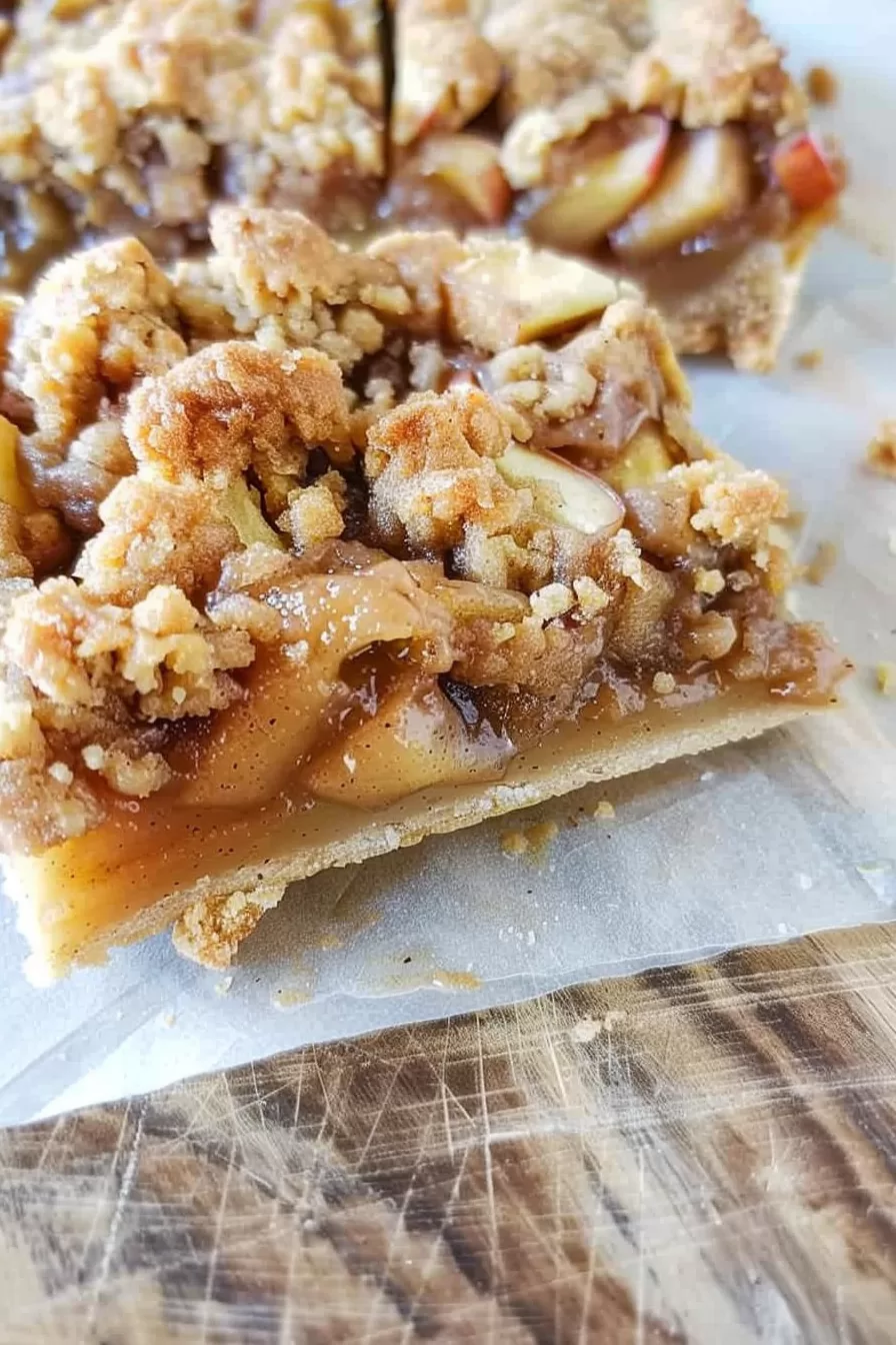 Close-up of crumbly apple pie bars with a rich cinnamon apple filling.