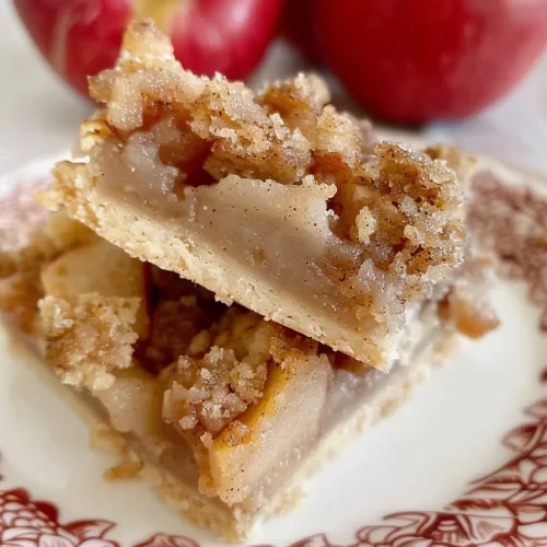 Warm apple pie bars topped with a crunchy crumble, perfect for fall.