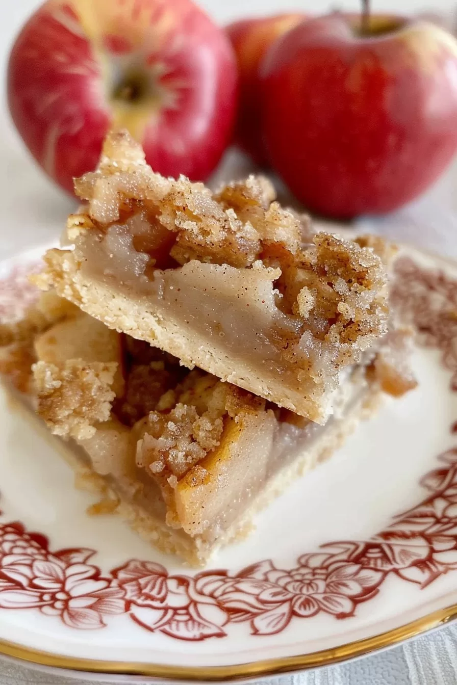 Warm apple pie bars topped with a crunchy crumble, perfect for fall.