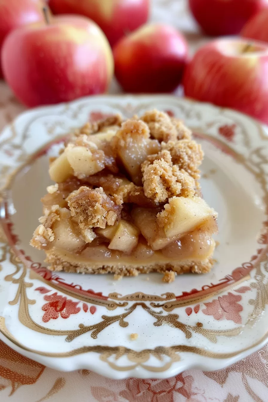 A serving of homemade apple pie bars on a decorative plate with fresh apples.