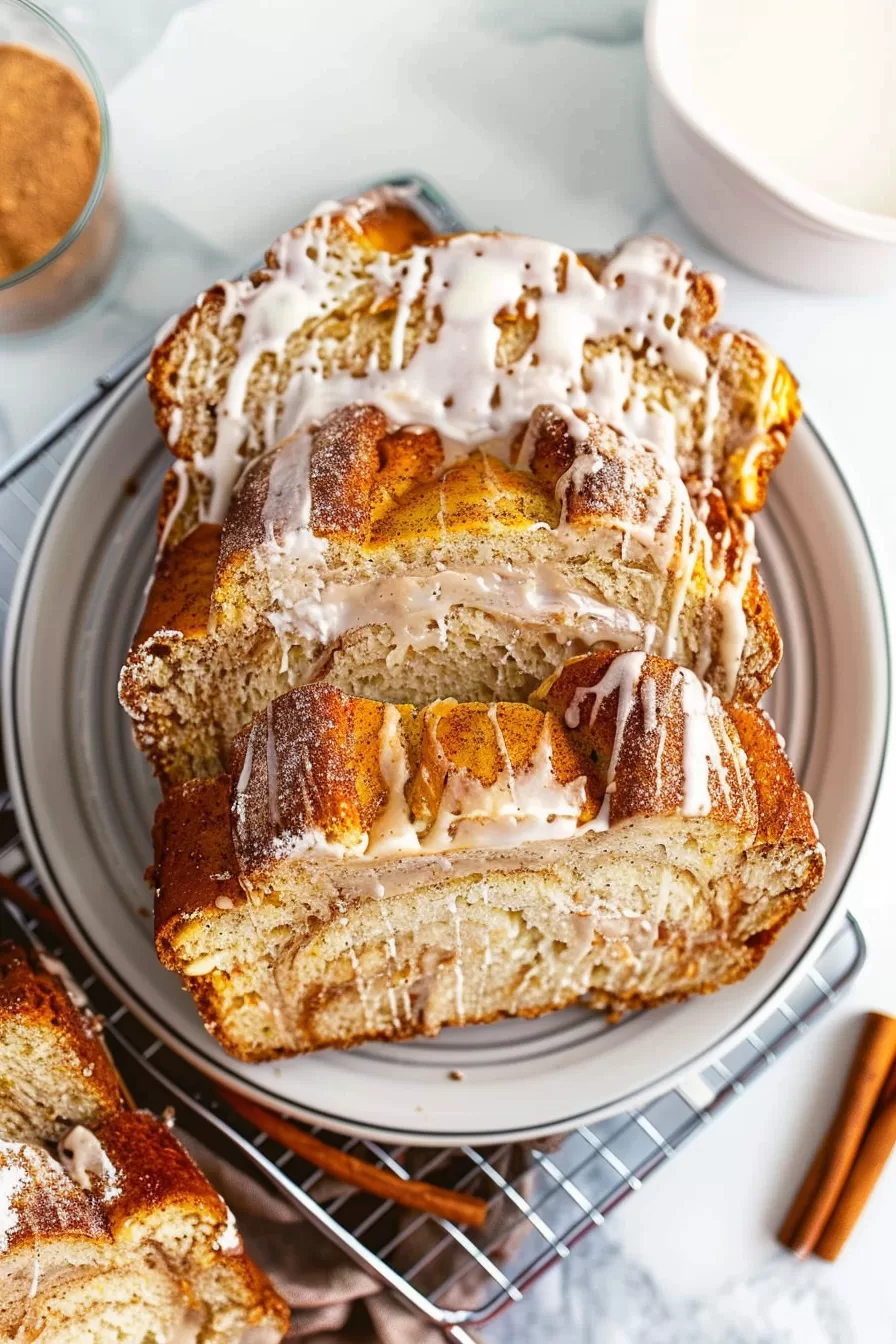 Loaf of bread with a swirl of cinnamon inside, sliced for serving.