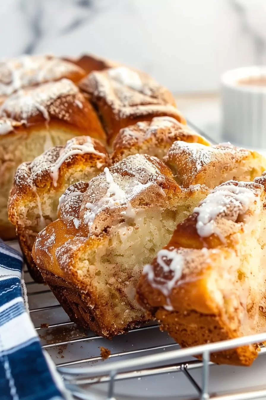 Slices of homemade bread showing a rich cinnamon swirl throughout.