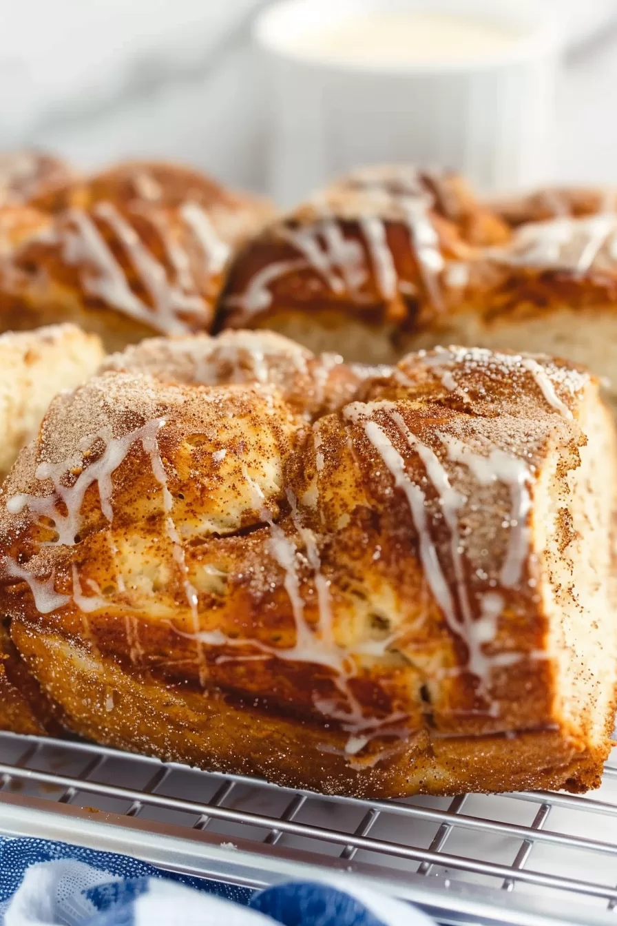 Close-up of warm, freshly baked bread with visible layers of cinnamon.