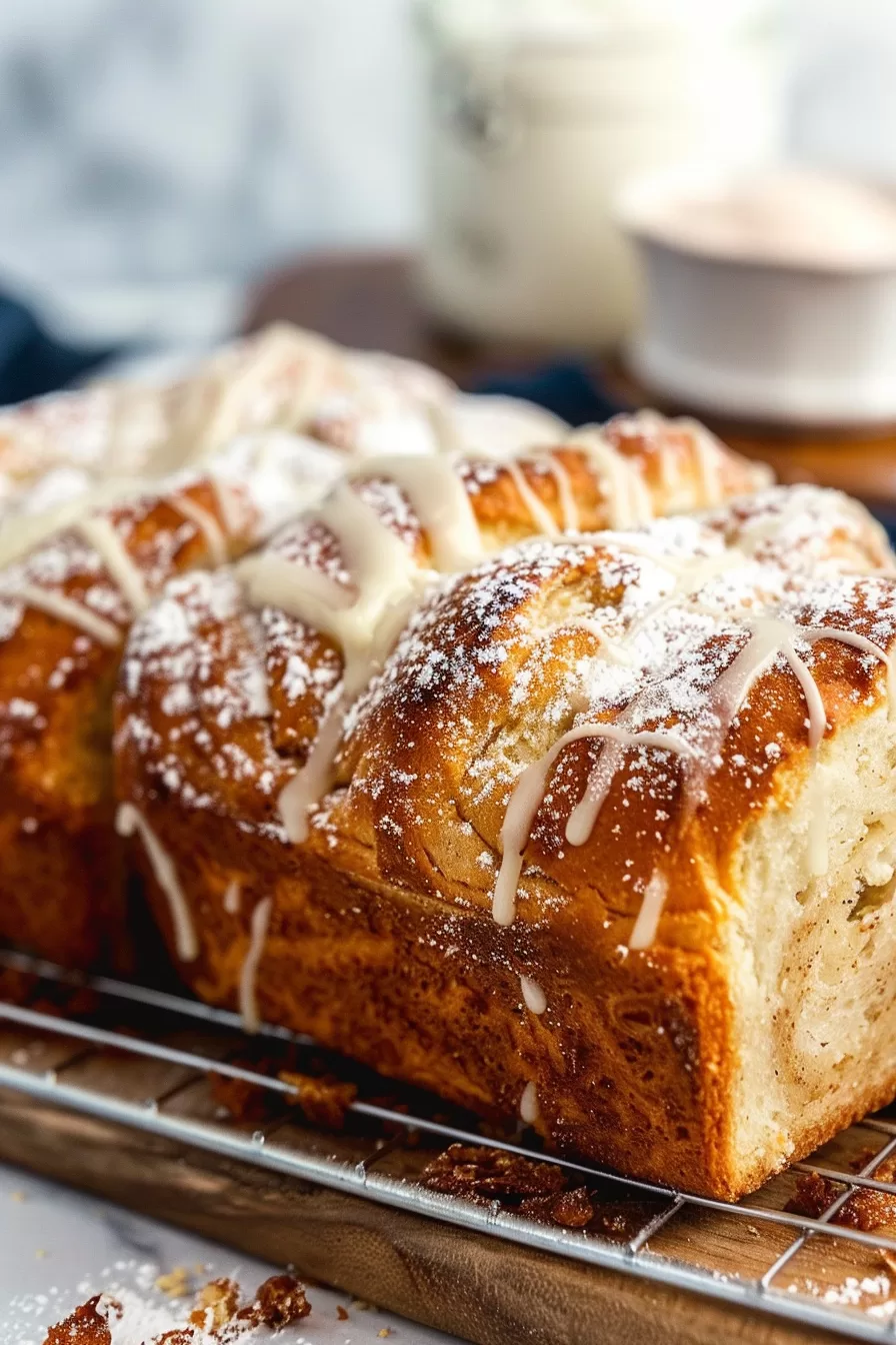 Baked loaf with a hint of cinnamon aroma, cooling on a wire rack.