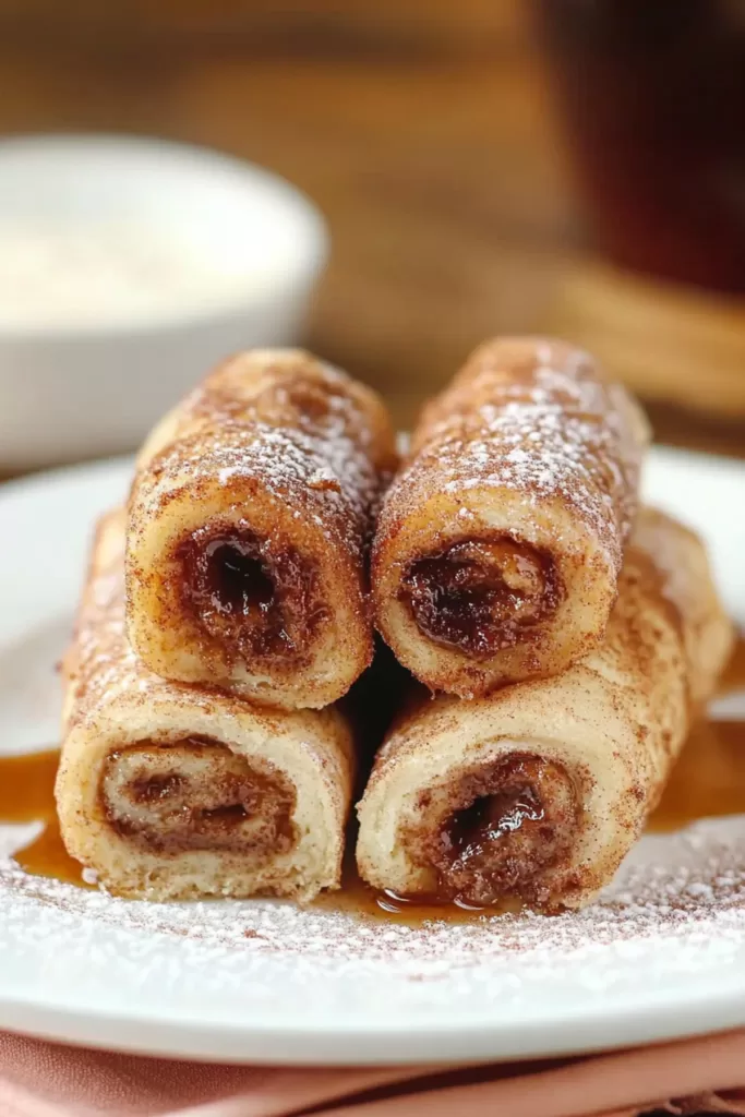 Golden-brown rolled French toast drizzled with icing and dusted with powdered sugar.