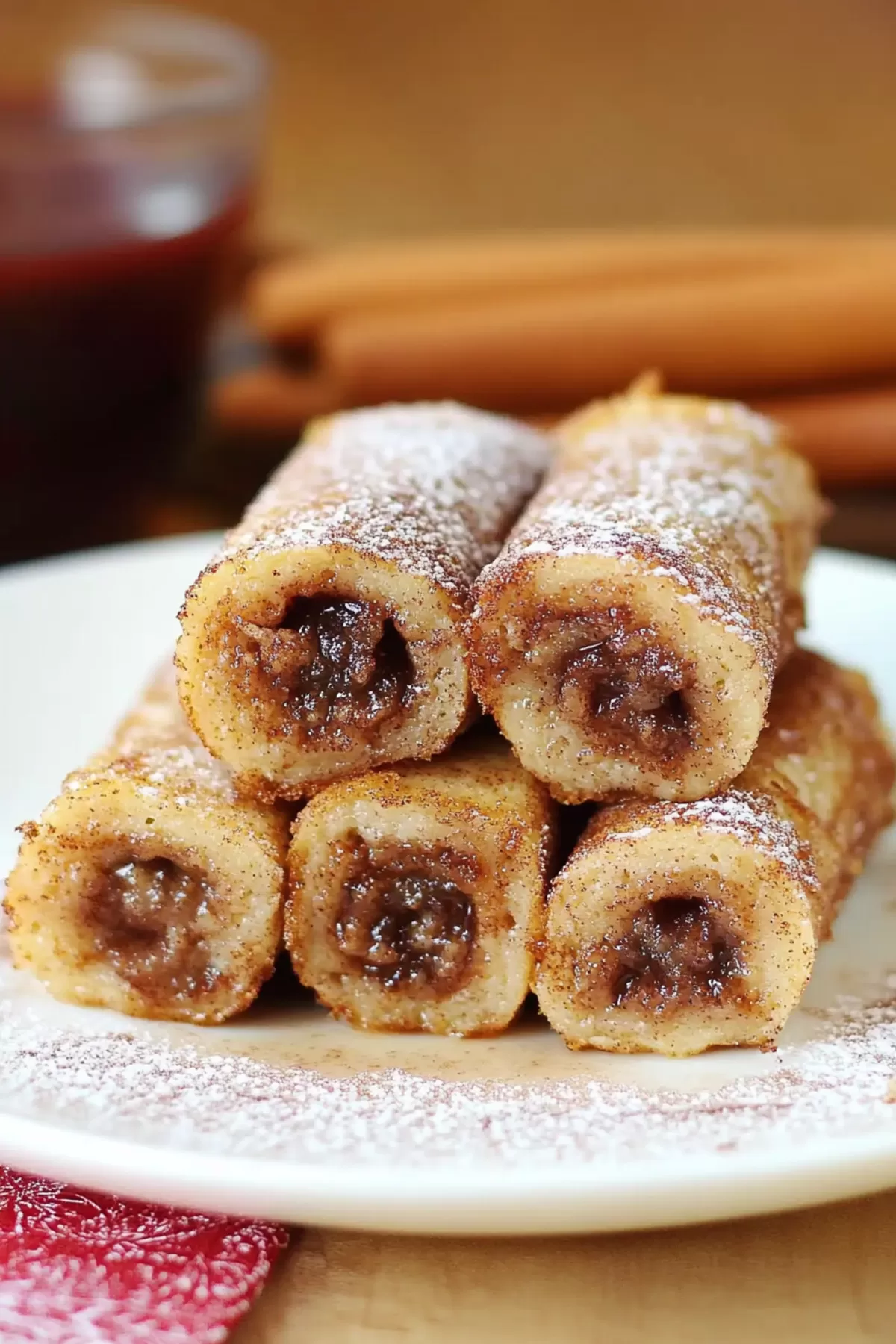 A plate of warm, caramelized rolls topped with a drizzle of glaze, perfect for breakfast.