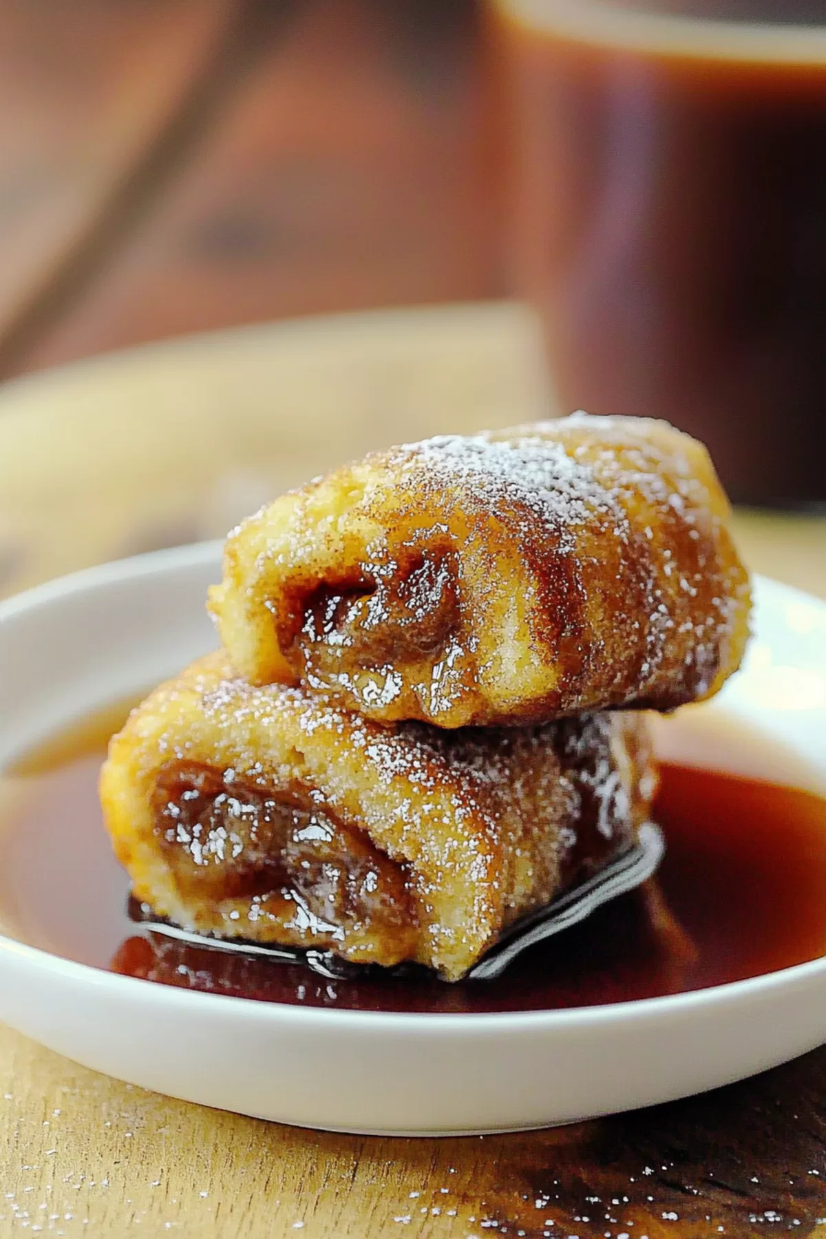 Crispy French toast rolls filled with cinnamon sugar, served with a side of syrup.