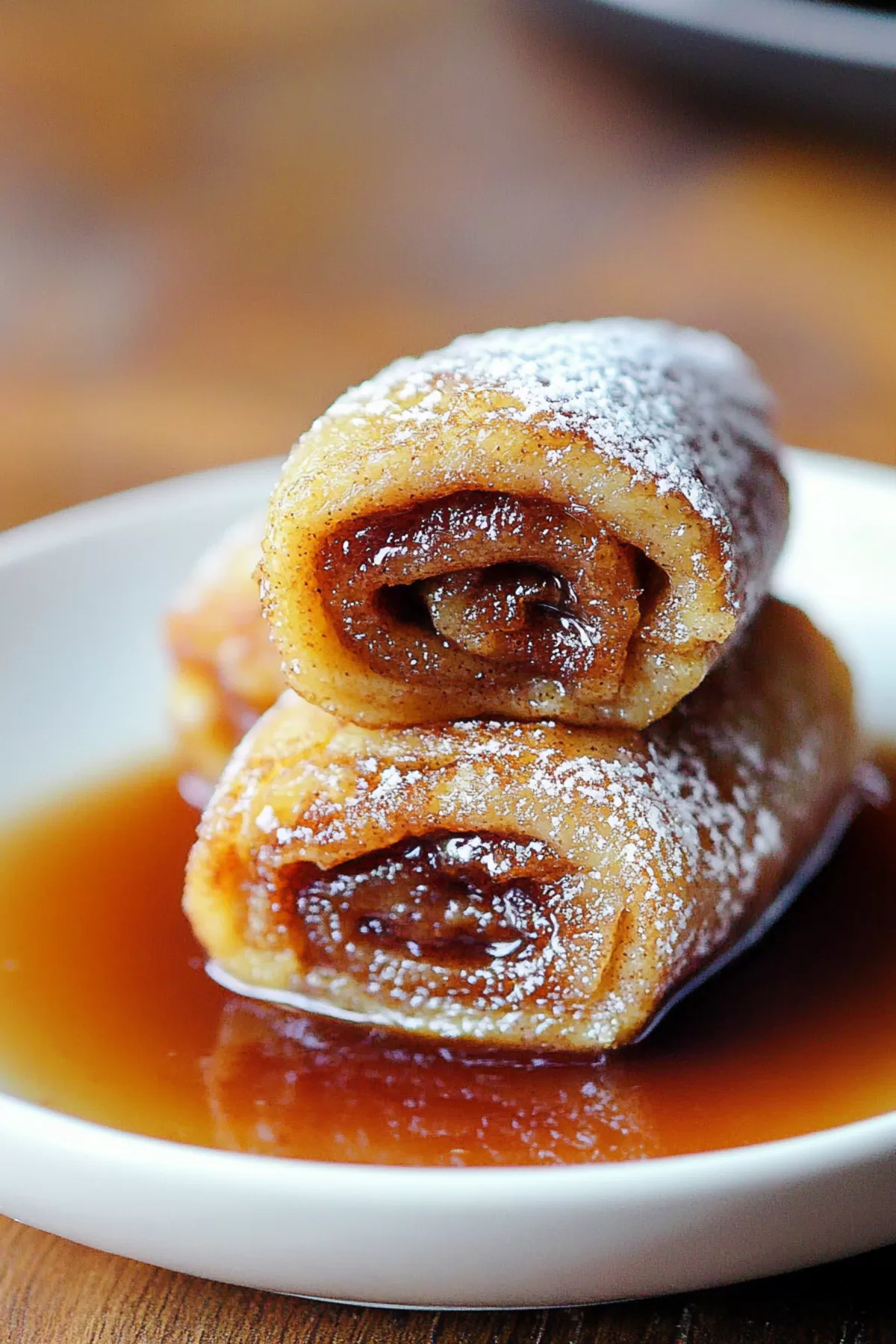 A stack of rolled French toast with a shiny glaze, showcasing their warm, gooey centers.