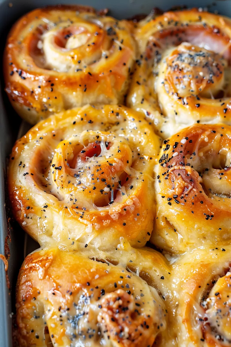 Golden-brown baked rolls filled with ham and melted cheese, sprinkled with poppy seeds.