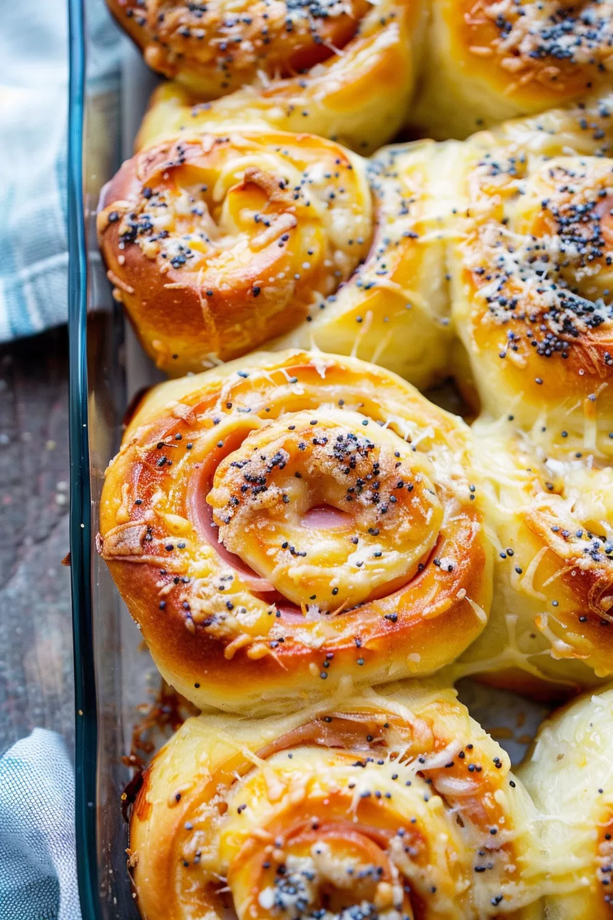 Tray of savory ham and cheese rolls, perfect for a comforting snack or appetizer.